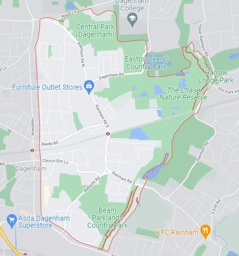 Google Maps screenshot of the Dagenham, RM10 area of London, UK