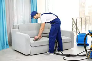 Man using cleaning equipment to clean a grey-colored sofa